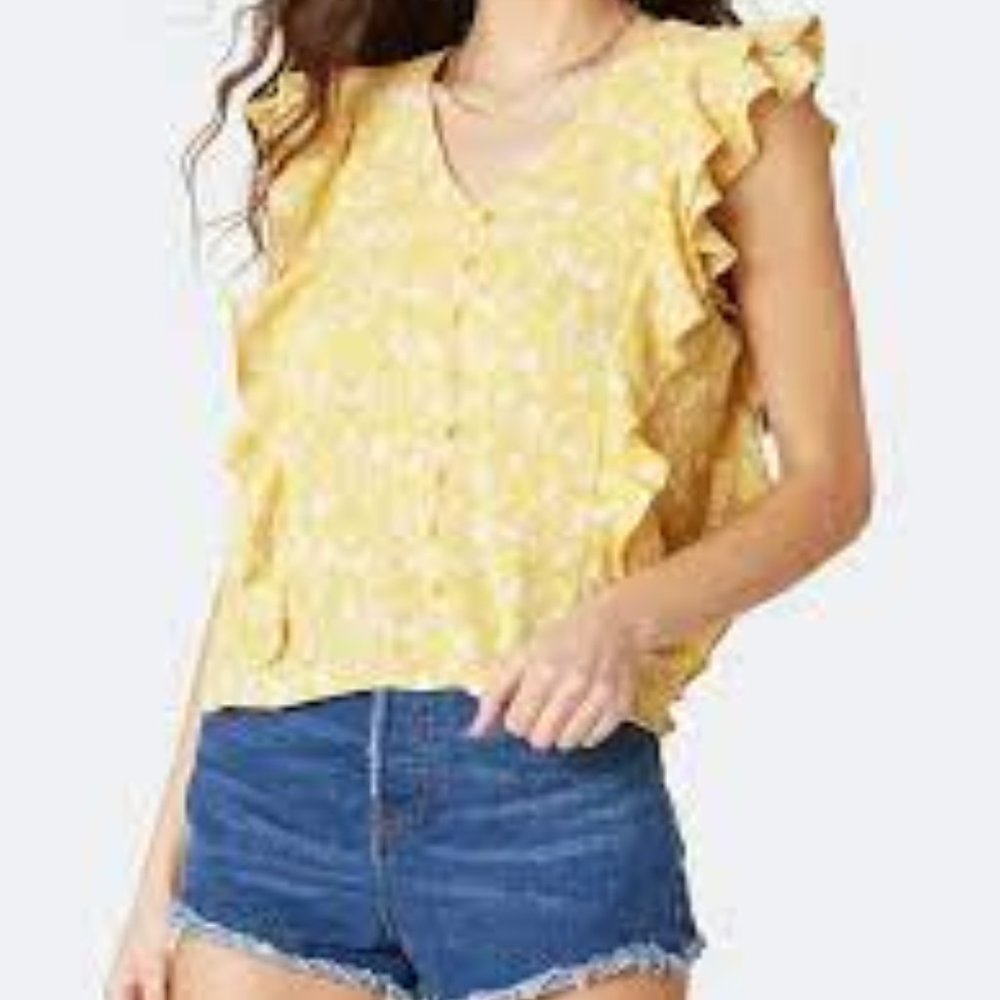 BB Dakota Womens Blouse Large Yellow Ruffeled Sleeveless